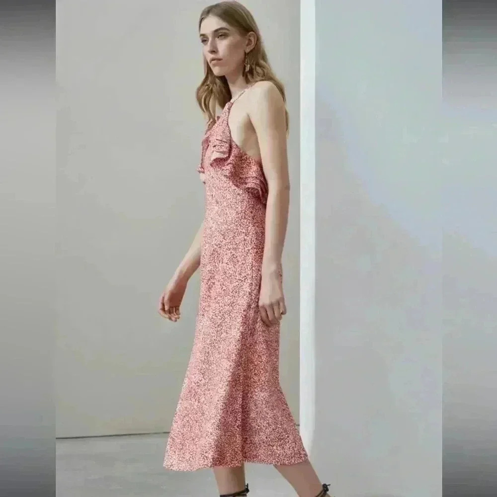 C/meo COLLECTIVE halter fitted ruffle midi dress open back M ulla Anthropologie